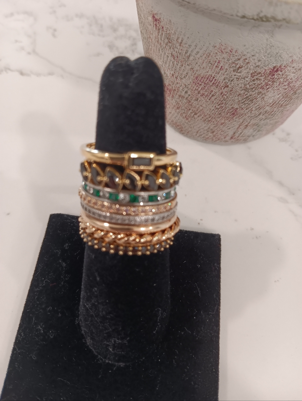 8 Stacked Gold and Green Women's Fashion Ring Set
